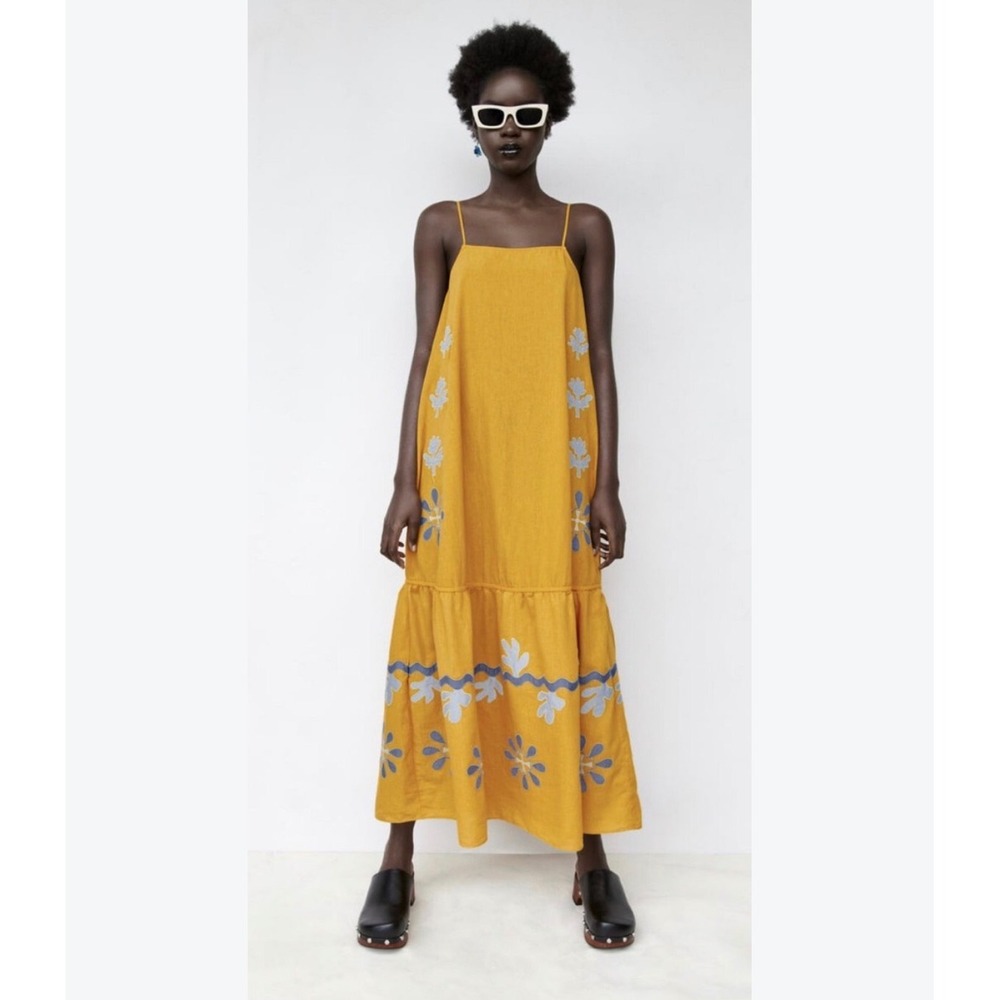 Zara Limited Edition Embroidered Midi Dress Size XS Yellow Cotton Linen Boho